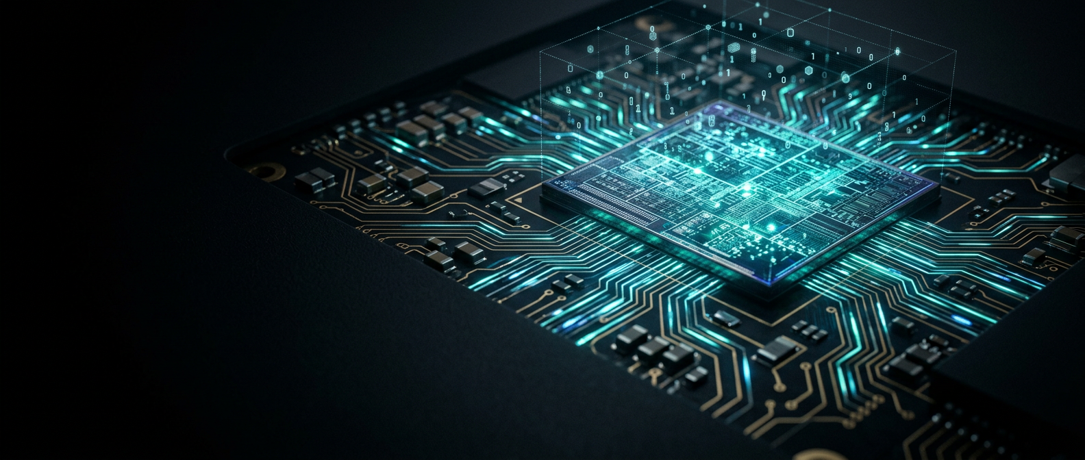 A glowing chip on a circuit board, with data particles streaming around it